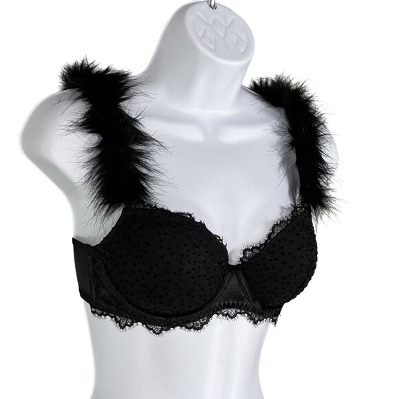 Victorias Secret NWT Demi Bra 32D Black Faux Fur & Solid Straps Sexy Coquette - Picture 3 of 14
